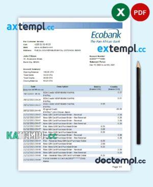 sample Benin Ecobank bank statement easy to fill template in .xls and .pdf file format download