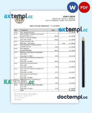 sample Bhutan National Bank proof of address statement template in Word and PDF format download