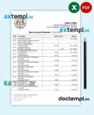 sample Bhutan National Bank statement easy to fill template in Excel and PDF format download