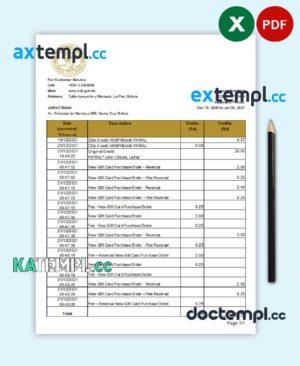 sample Bolivia Banco Central de Bolivia bank statement easy to fill template in .xls and .pdf file format download