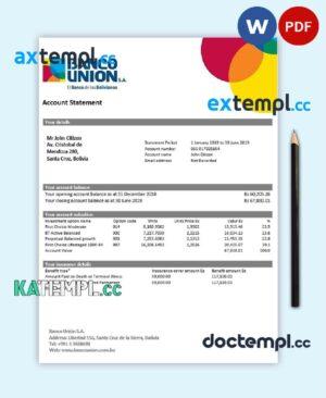 sample Bolivia Banco Union bank statement template in Word and PDF format download