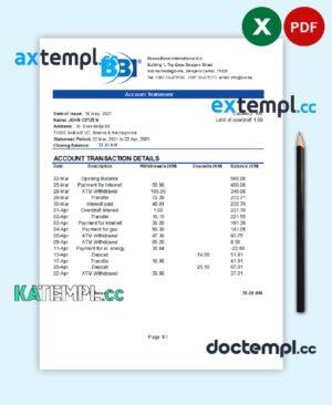 sample Bosnia and Herzegovina Bosna Bank International bank statement easy to fill template in Excel and PDF format (AutoSum) download