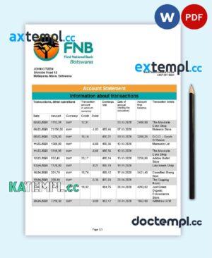 sample Botswana First National Bank statement template in Word and PDF format, good for address prove download