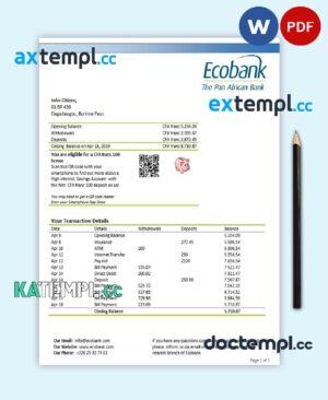 sample Burkina Faso Ecobank proof of address bank statement template in Word and PDF format (.doc and .pdf) download