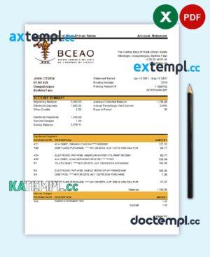 sample Burkina Faso The Central Bank of West African States bank statement easy to fill template in Excel and PDF format download