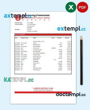 sample Cambodia Cambodian Public Bank statement easy to fill template in Excel and PDF format download