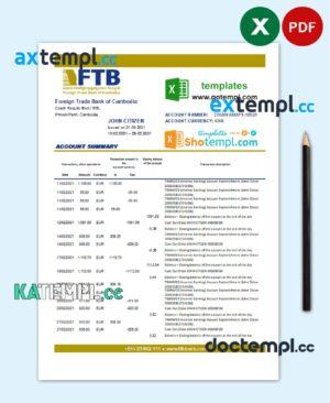 sample Cambodia Foreign Trade Bank of Cambodia bank statement easy to fill template in Excel and PDF format download
