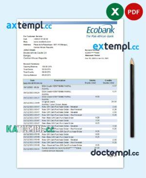 sample Central African Republic Ecobank bank statement easy to fill template in .xls and .pdf file format (AutoSum) download