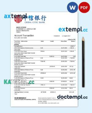 sample China Citic Bank Corp bank statement template in Word and PDF format download