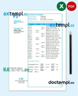 sample China Industrial and Commercial Bank of China bank statement template in Excel and PDF format download