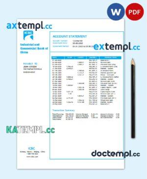 sample China Industrial and Commercial Bank of China bank statement template in Word and PDF format download