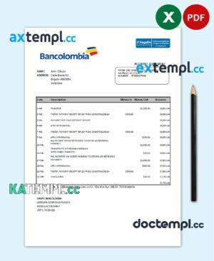 sample Colombia Bancolombia bank statement easy to fill template in Excel and PDF format download