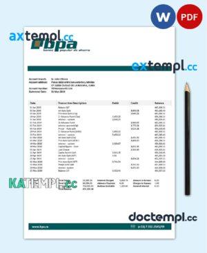 sample Cuba Banco Popular de Ahorro (BPA) bank proof of address statement template in Word and PDF format download