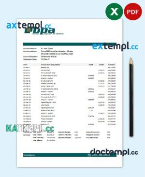 sample Cuba Banco Popular de Ahorro (BPA) bank statement easy to fill template in Excel and PDF format download