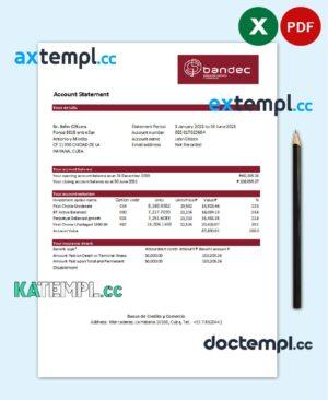 sample Cuba Bandec Banco de Credito y Comercio bank statement easy to fill template in .xls and .pdf file format download