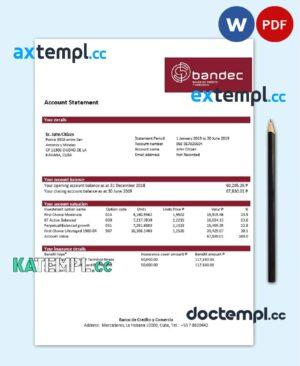 sample Cuba Bandec Banco de Credito y Comercio bank statement template in Word and PDF format, good for address prove download