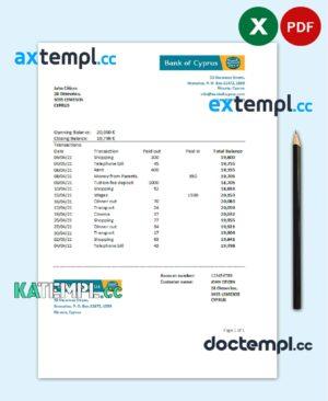 sample Cyprus Bank of Cyprus bank statement easy to fill template in .xls and .pdf file format download