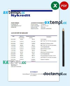sample Denmark Nykredit bank statement easy to fill template in .xls and .pdf file format download