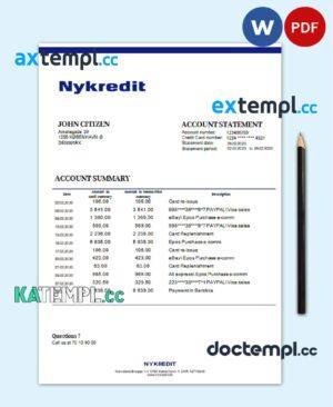 sample Denmark Nykredit bank statement template in Word and PDF format download