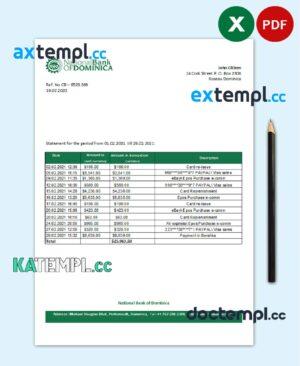 sample Dominica National Bank of Dominica bank statement easy to fill template in Excel and PDF format download