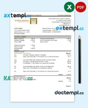 sample Dominican Republic Central Bank Of The Dominican Republic bank statement easy to fill template in Excel and PDF format download