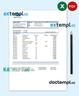 sample Dominican Republic Progreso bank statement template, Excel and PDF format (.xls and .pdf) download