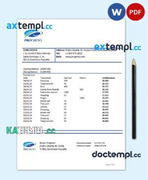 sample Dominican Republic Progreso bank statement template, Word and PDF format (.doc and .pdf) download