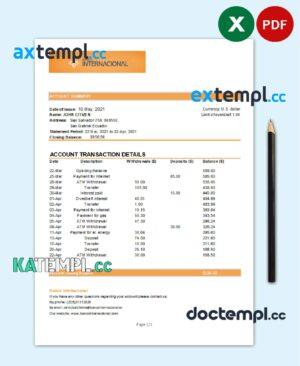 sample Ecuador Banco Internacional bank statement easy to fill template in Excel and PDF format download