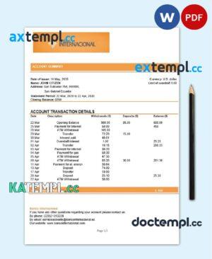 sample Ecuador Banco Internacional bank statement template in Word and PDF format download