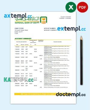 sample Egypt National Bank of Egypt bank statement easy to fill template in Excel and PDF format download