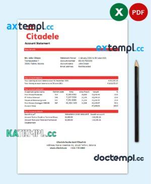 sample Estonia Citadele banka Eesti filiaal AS bank statement template in Excel and PDF format download