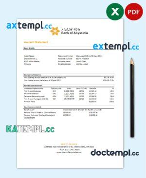 sample Ethiopia Bank of Abyssinia bank statement easy to fill template in .xls and .pdf file format download
