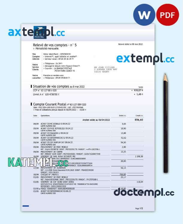 sample France La Banque Postale bank statement Word and PDF template, 3 pages download