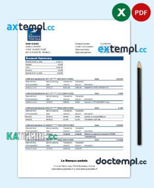 sample France La Banque Postale bank statement easy to fill template in .xls and .pdf file format download