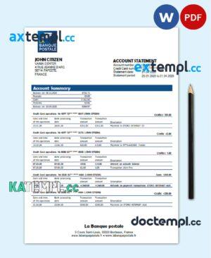 sample France La Banque Postale bank statement template in Word and PDF format download