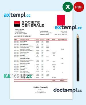 sample France Société Générale bank statement template in Excel and PDF format download