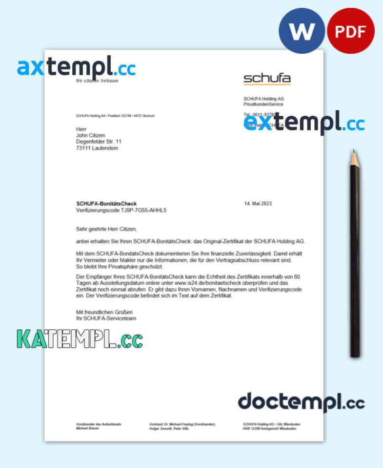 sample Germany Schufa utility bill Word and PDF template download