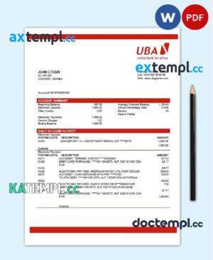 sample Guinea UBA Bank statement template in Word and PDF format, good for address prove download