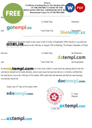 free download Hong Kong divorce certificate example in Word and PDF format