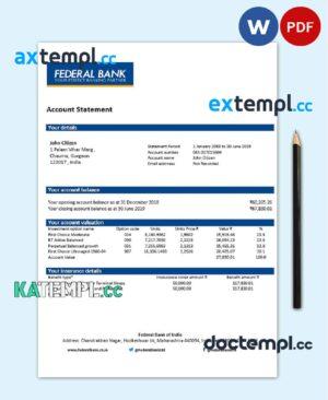 sample India Federal Bank proof of address statement template in Word and PDF format, .doc and .pdf format download