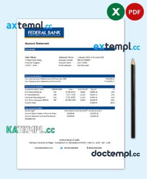 sample India Federal Bank statement easy to fill template in .xls and .pdf file format download