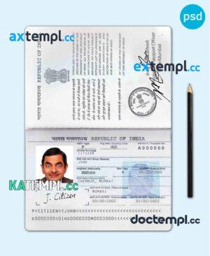 sample India passport template in PSD format, fully editable, with all fonts (2013 - present) download