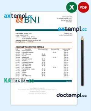 sample Indonesia Bank Negara Indonesia (BNI) bank statement easy to fill template in Excel and PDF format download