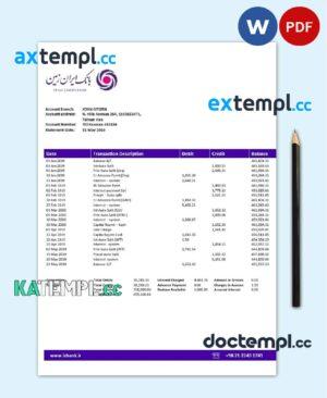 sample Iran Zamin Bank statement template in Word and PDF format download