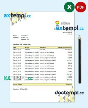 sample Iraq Kurdistan International Bank proof of address statement template in Excel and PDF format download