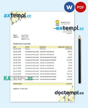 sample Iraq Kurdistan International Bank proof of address statement template in Word and PDF format download