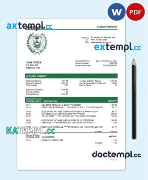 sample Iraq Rafidain bank statement easy to fill template in Word and PDF format download