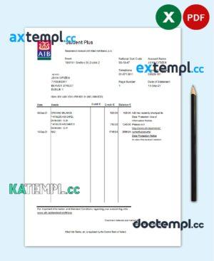 sample Ireland AIB bank statement easy to fill template in Excel and PDF format download