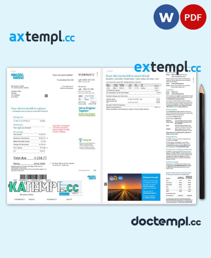sample Ireland Electric Ireland utility bill template in Word and PDF format, 2 pages download