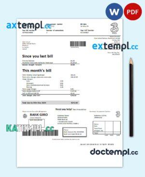 sample Ireland Three.ie utility bill template in Word and PDF format download